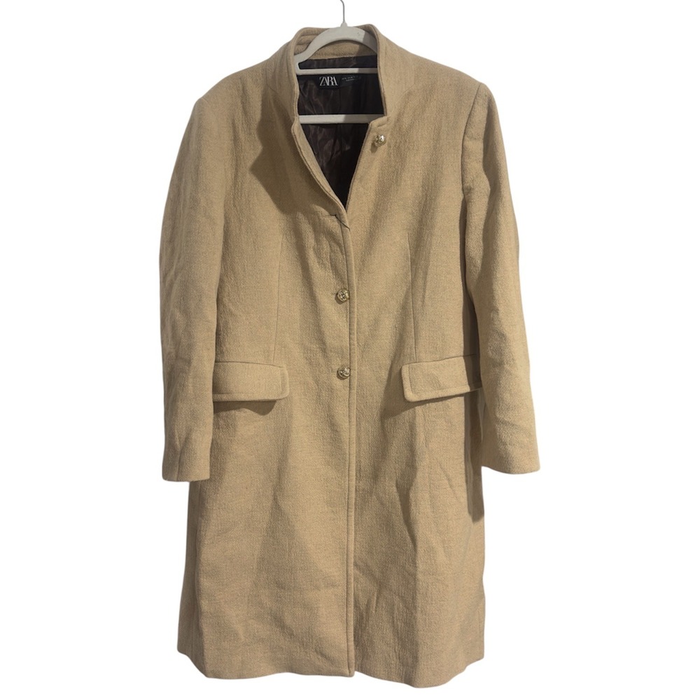 Zara Womens Camel‎ Tan Wool Blend Long Coat Gold Crest Buttons Overcoat Jacket